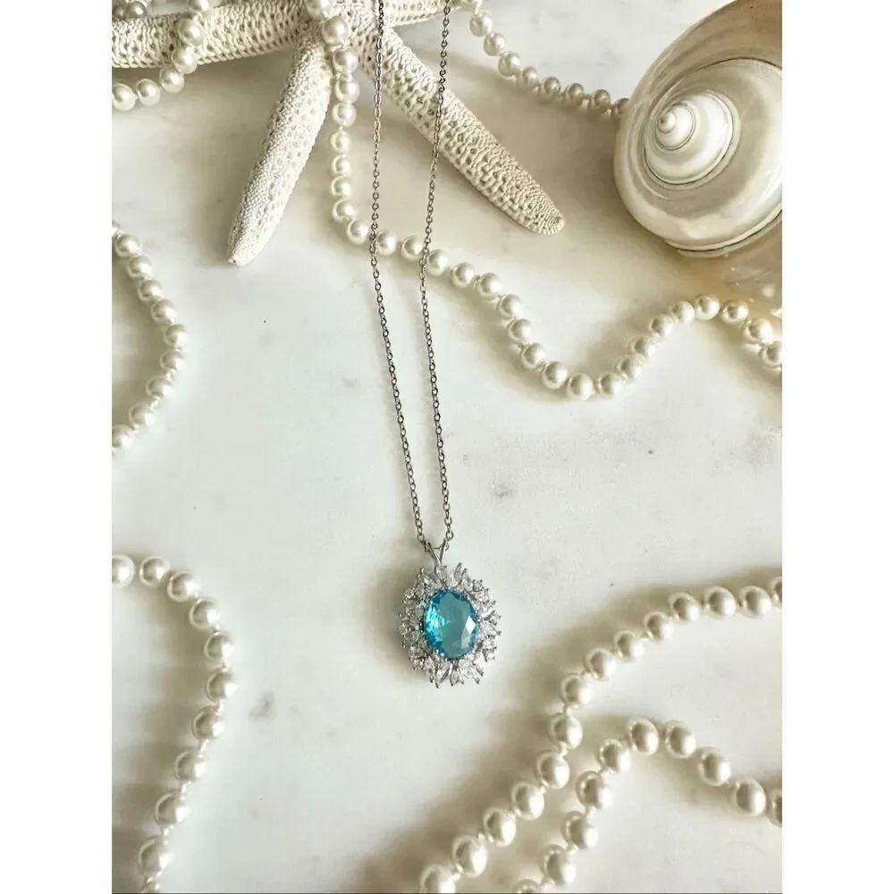 Bright blue oval cubic zirconia pendant necklace